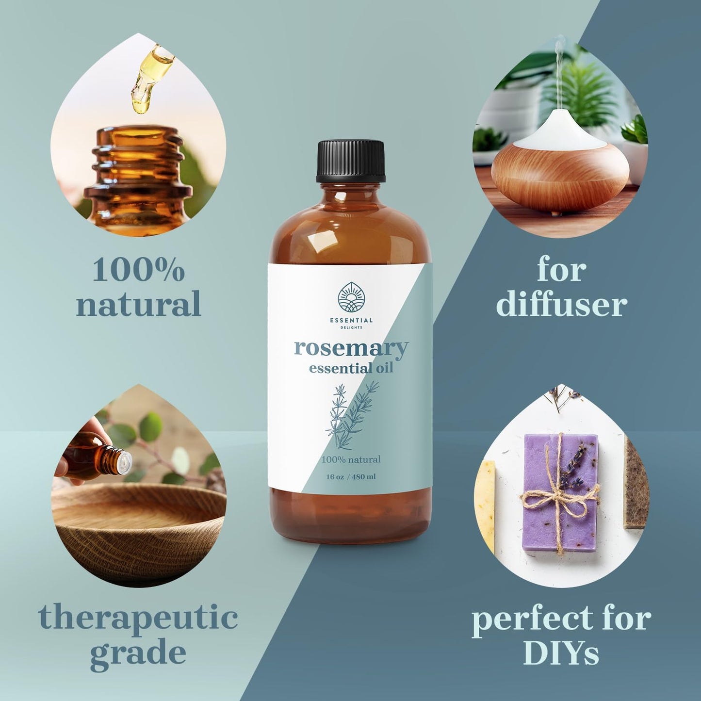 Rosemary Essential Oil by Essential Delights |Premium Grade Essential Oil | for Aromatherapy, Soaps, & Candles | Vegan & Cruelty Free (16 oz.)