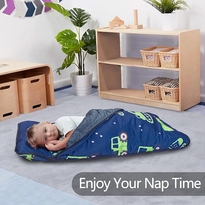 Primlect Thickened Toddler Nap Mat with Removable Pillow and Minky Blanket, Extra Large 55''x35'' Sleeping Bag, Washable, Roll up, Perfect for Daycare, Preschool, Kindergarten, Boys (Excavator)