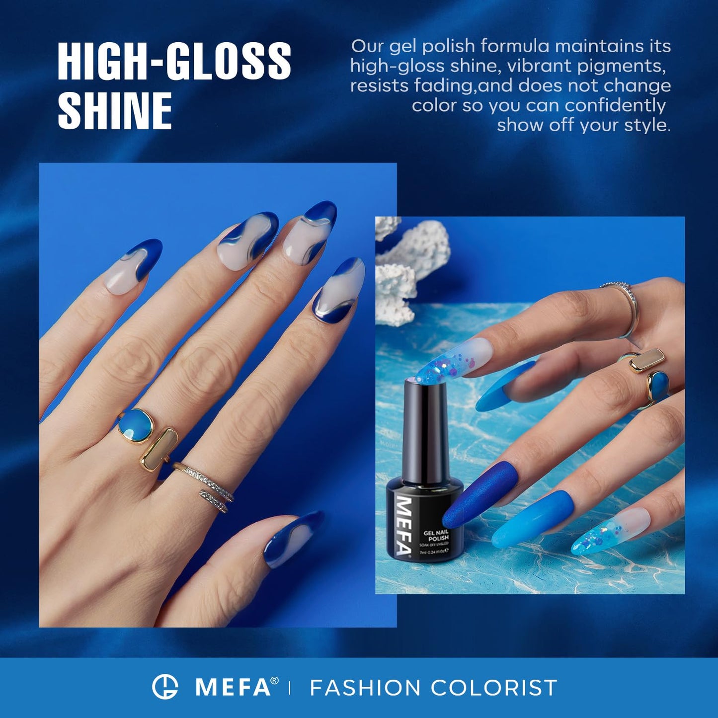 MEFA Blue Gel Nail Polish Set,6 Colors Midnight Navy Sapphire Blue Nail Polish Azure Glitter Dark Shades Starter Kit Soak Off Shimmer Gel Nail Art Design DIY Salon Manicure Holiday Gift for Women