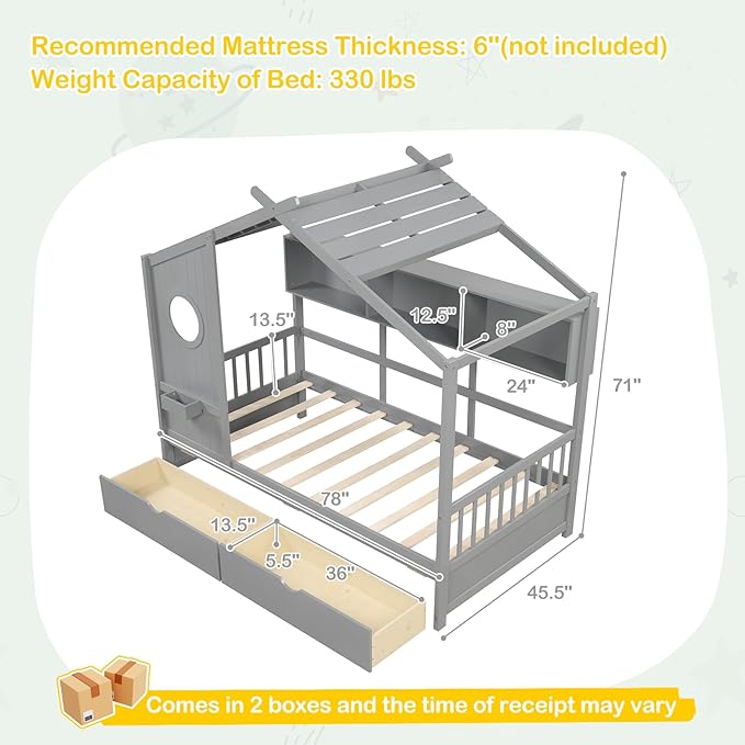 KOMFOTT Twin Size Wood House Bed with 2 Drawers, Wooden Bed Frame with Cube Storage & Fence Rails, Wooden Platform Twin Bed Frame with House-Shaped Roof for Bedroom, No Box Spring Needed (Grey)