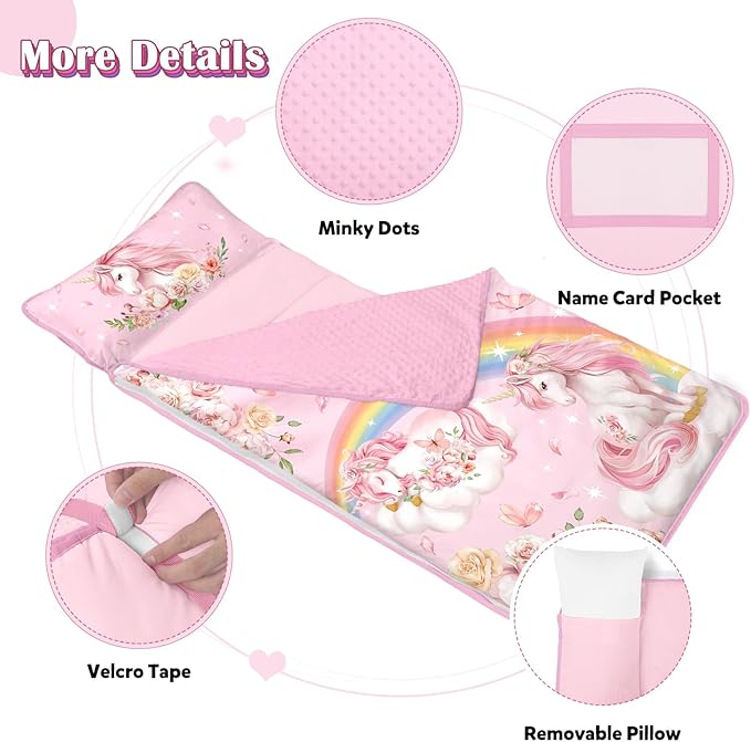 Toddler Nap Mat Kids Sleeping Bag 59"×24", Soft Slumber Bag with Removable Pillow and Blanket for Kids Girls Boys,Roll Up Sleeping Mat Thick for Camping,Daycare, Kindergarden