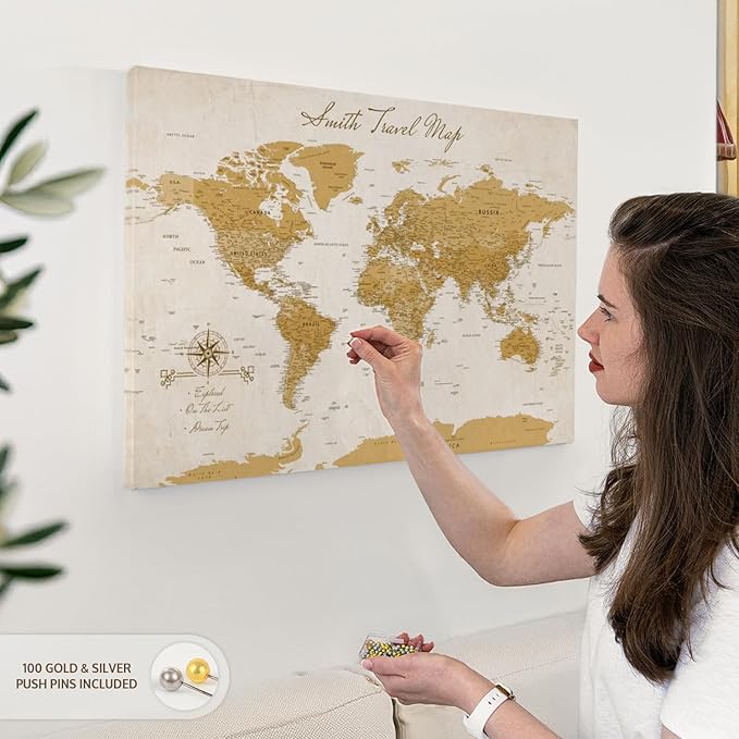 ElephantStock - Personalized Travel Push Pin World Map Wall Art - Horizontal Canvas Wall Art - Living Room Wall Decor - Digital Art Map Canvas Art - Orange And Beige Decor - 30" x 20"