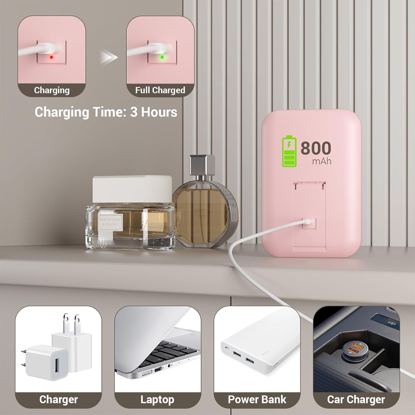 Kintion Travel Makeup Mirror, 6"*4.2" Rechargeable Portable LED Lighted Tabletop Vanity Mirror, 3 Colors Touch Dimmable Compact Mirror for Women Gift, Pink