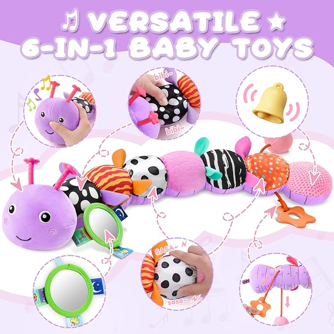 Baby Toys 0-6-12 Months,Musical Caterpillar Stuffed Animals Activity Infant Toys with Crinkle,Rattles,Mirror&Pull String,Muti-Sensory Toys Gifts for Newborn Tummy Time,Taro Purple|Leafy