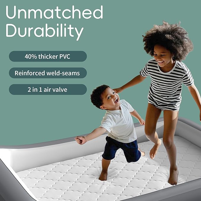 Inflatable Toddler Travel Bed, Portable Kids Air Mattress with Soft Bed Sheet, Toddler Air Mattress with Surround Safety Bumpers, Ideal for Home Use or Travel, Includes Pump and Carry Bag