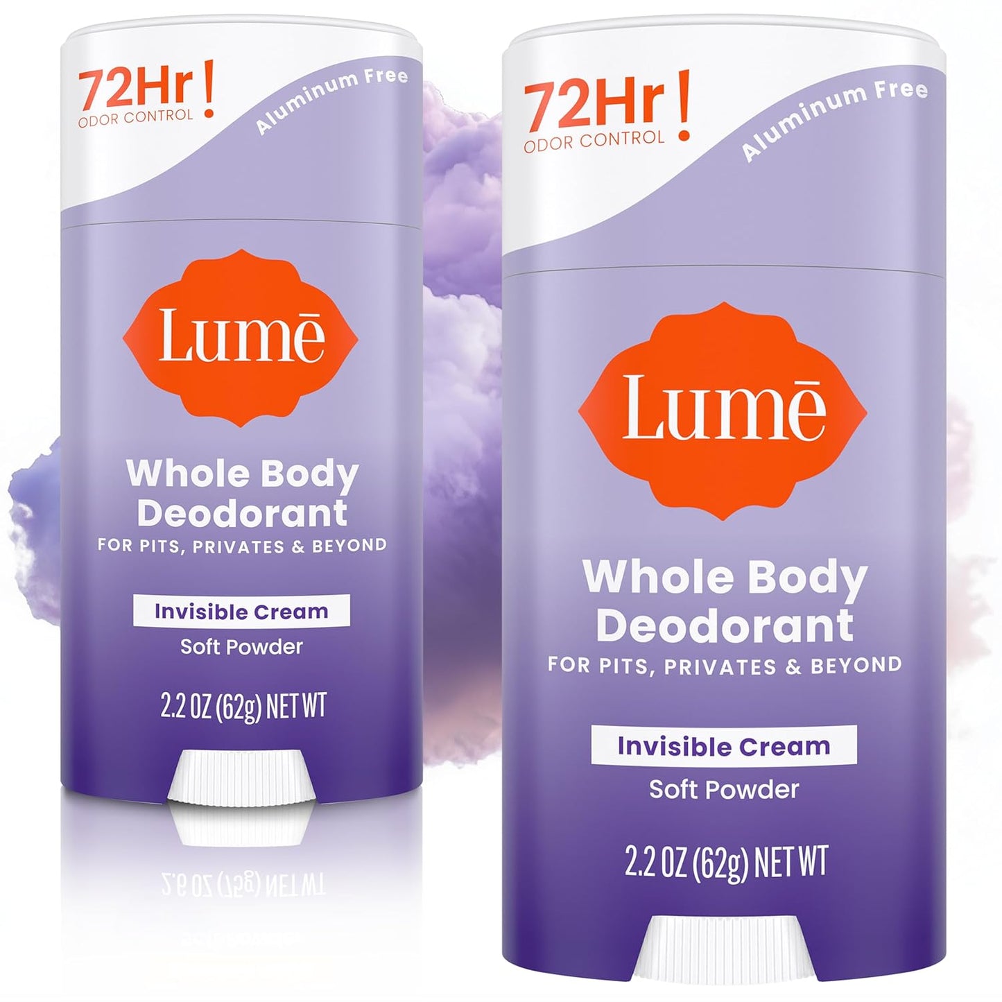 Lume Whole Body Deodorant - Invisible Cream Stick - 72 Hour Odor Control - Aluminum Free, Baking Soda Free, Skin Safe - 2.2 Ounce (Pack of 2) (Soft Powder)