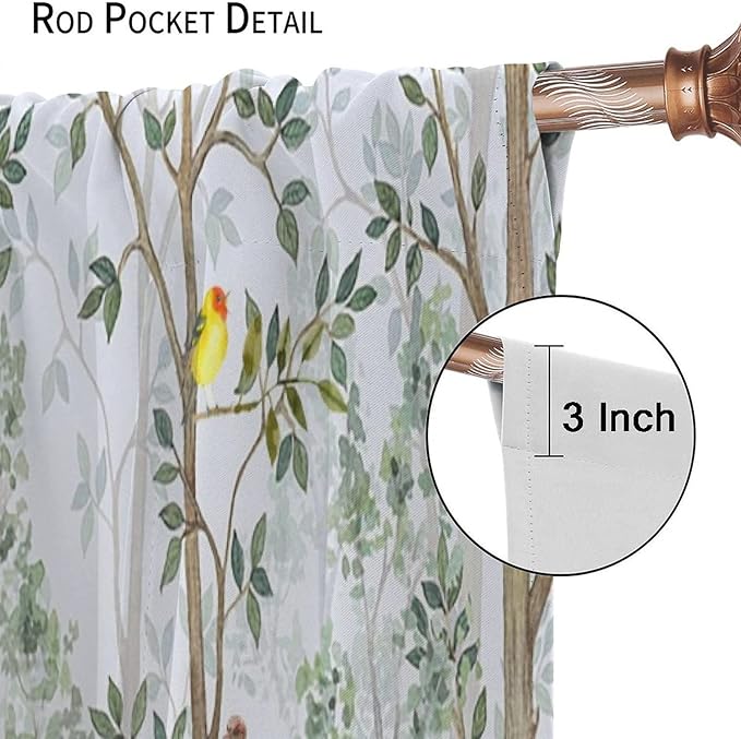 Kids Watercolor Woodland Animal Window Curtains, Bear Deer Squirrel Hedgehog Fox Birds Green Forest Blackout Rod Pocket Treatment for Boys Girls Bedroom 42x63in