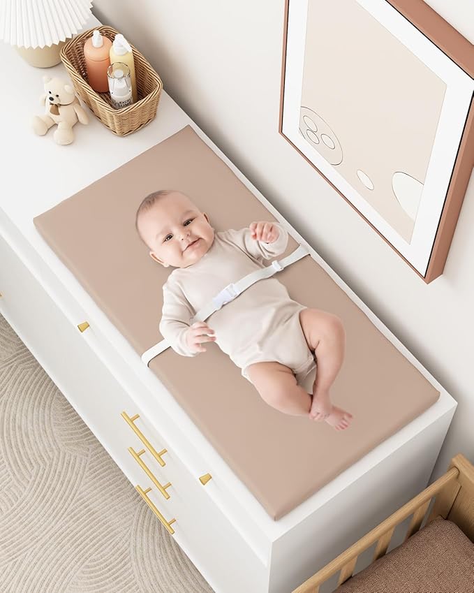YACODAVO Wipeable Baby Changing Pad for Dresser and Table, Cozy Diaper Changing Pad with Waterproof & Wipe-Clean Leather Cover, Standard Size (31.5" L x 15.8" W), Light Brown