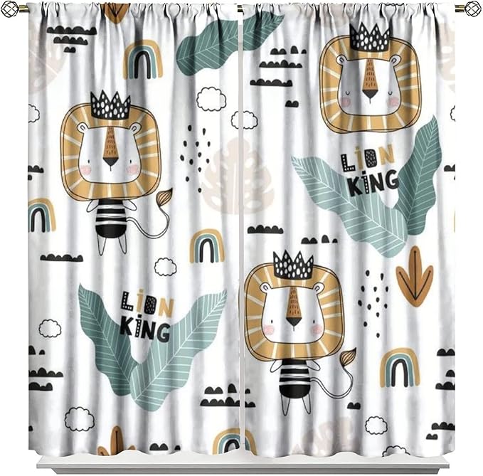 Cartoon Little Lion King Window Curtains for Baby Child,Cute Funny Forest Animals,Tropical Jungle Leaves Wildlife Boho Rainbow Print Blackout Drapes for Nursery Boys Girls Kids Bedroom 63x72in