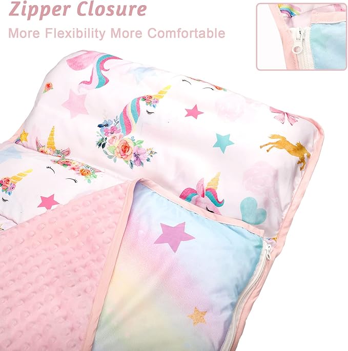 Toddler Nap Mat with Removable Pillow and Soft Dot Minky Blanket Pea Pod Kids Unicorn Napping Mats, Extra Large Rolled Slumber Bags for Girls Preschool, Daycare, Camping, 22 x 54inches Ages 3-7 Years