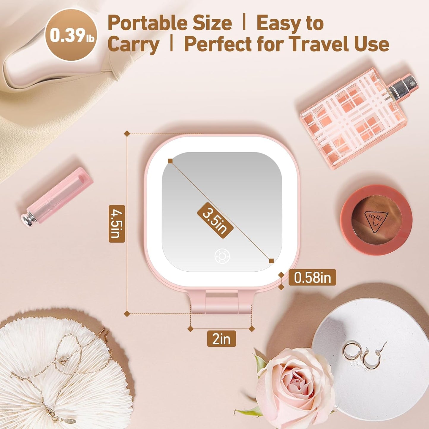 Travel Mirror with Light, 1x/30x Magnifying Mirror with 3 Color Lights and Adjustable Brightness, 4.5x3.9 inch Small Compact Hangable Hand Pocket 3 Way Mirror, Comes with Tweezer