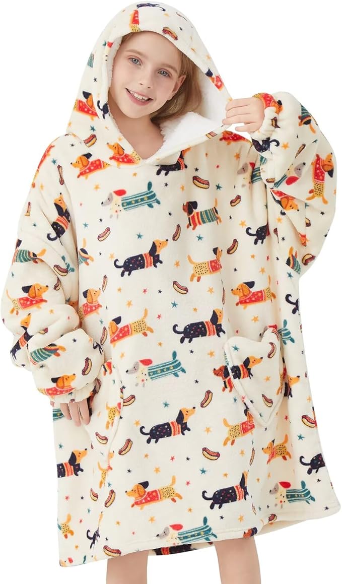Fiosnow Dachshund Blanket Hoodies for Kids 6-13YR Oversize Wearable Blanket Hoodies for Boys Girls Teens