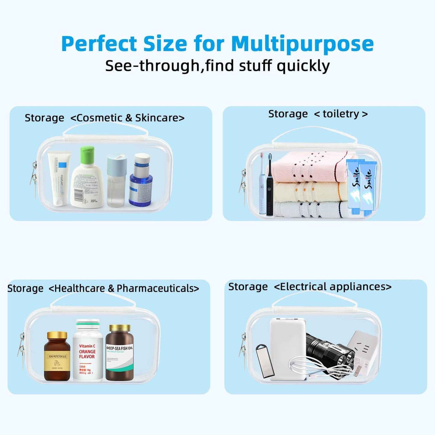 SameTech Zip Bins Clear Storage Bins for Home Organization, Stackable Hard Shell Zipper Case to Organize Bin, Zippered Hard Pouch Container Toiletry Bag Travel Bags for Toiletries, 2pcs