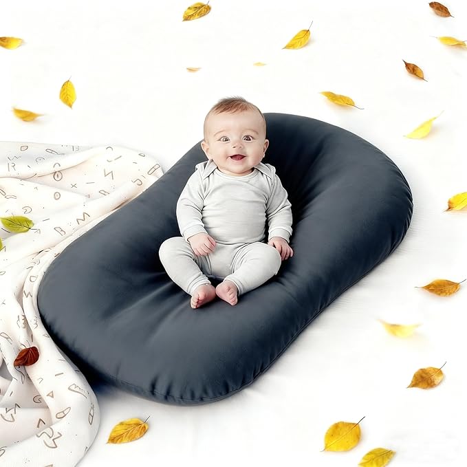 Baby Lounger 0-24 Months 100% Cotton,Soft & Breathable Tummy Time Mat for Newborn Infant Play Mat,Babies Essentials Gifts,Gray(Lounger Cover Included)