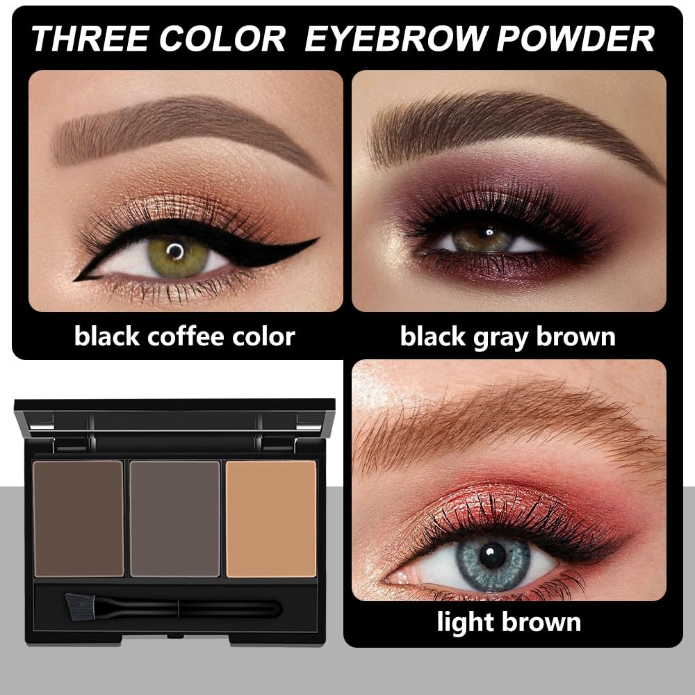 Eyebrow Powder Dark Light Brown Grey Kit,Eye Brow Powder for Women with Brow Brush,Long-Lasting Waterproof Three Colors Brow Filler Get Full Defined Natural Brows,Brown Eyebrow Powder Makeup