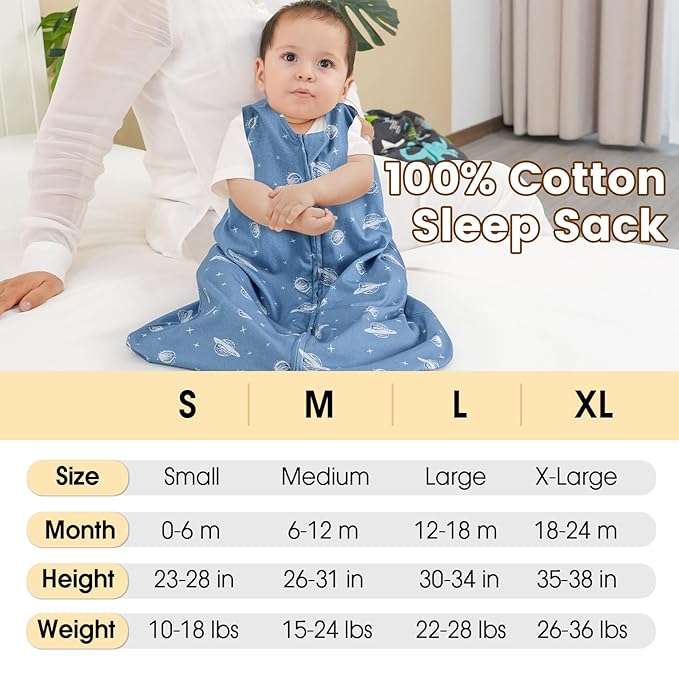 PHF Soft Baby Sleep Sack 18-24 Months 100% Organic Cotton Wearable Blanket, 2-Way Zipper 0.5 TOG Toddler Sleeping Sack 3 Pack, Comfy Sleep Bag for Baby Boys Girls, Navy Space (X-Large)