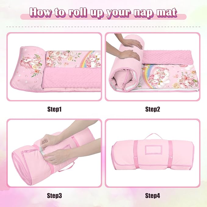 Toddler Nap Mat Kids Sleeping Bag 59"×24", Soft Slumber Bag with Removable Pillow and Blanket for Kids Girls Boys,Roll Up Sleeping Mat Thick for Camping,Daycare, Kindergarden