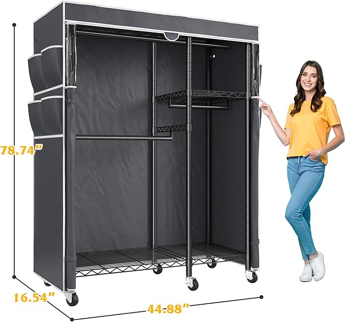 Raybee Clothes Rack with Cover Clothing Racks for Hanging Clothes Heavy Duty Portable Closet with Wheels，Rolling Garment Rack for Bedroom,Black