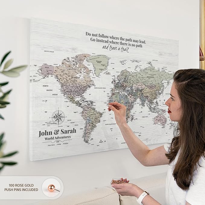 ElephantStock - Personalized Leave A Trail Iii Push Pin World Map Wall Art - Horizontal Canvas Wall Art - Living Room Wall Decor - Digital Art Map Canvas Art - White And Gray Decor - 39" x 26"