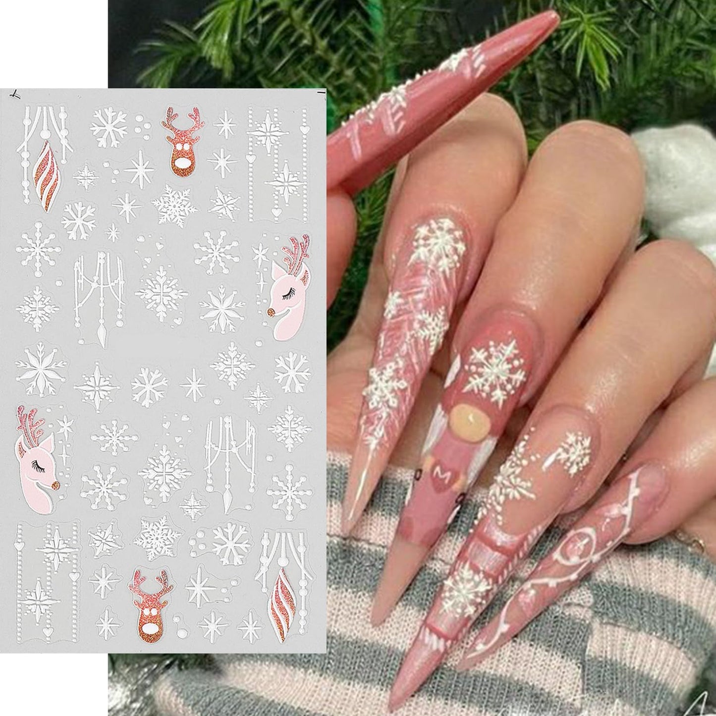 HNUIX Nail Stickers - Snowflake 5D, Self Adhesive Nail Decals, Multi Pattern, 4 Sheets, for Nail Art