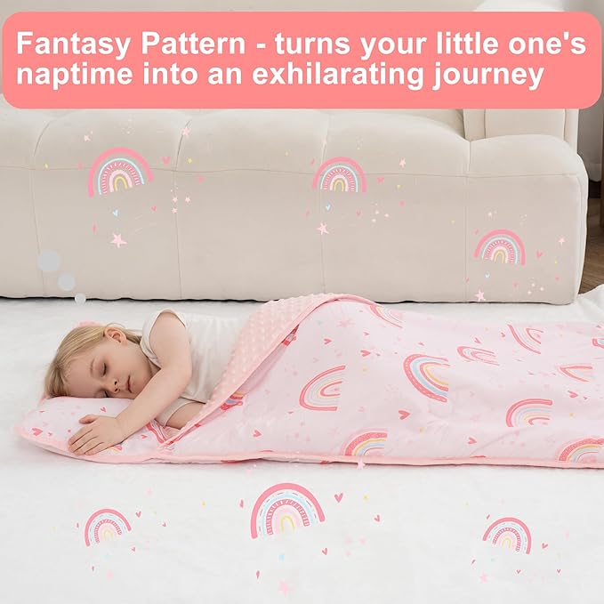 Viviland Toddler Nap Mat with Pillow and Minky Dot Blanket, Large Thick Rolled Sleeping/Slumber Bags, Kids Girls Sleeping Mat for Preschool, Daycare, Kindergarten, Travel Camping- Pink Rainbow