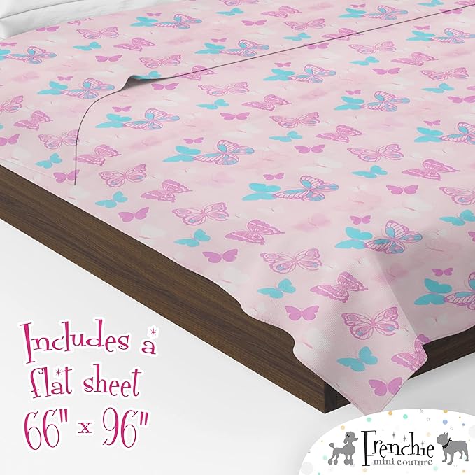 Frenchie Mini Couture, 3-Piece Kids Twin Sheets Bedding Set, 100% Woven Cotton, Includes Deep Pocket Bed Sheet (39 x 75 x 15in) + Flat Sheet (66 x 96in) + Pillowcase (20 x 30in) Butterfly