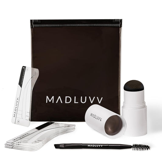 MADLUVV Brow Stamp Kit with Brow Stencils – Easy Eyebrow Shaper for Natural-Looking Brows – Popular Eyebrow Stencil Kit Used by Professionals – 9 Shapes, Spoolie, Travel Bag & Stamp (Dark Brown)