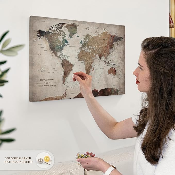 ElephantStock - Our Adventures World Map With Push Pin Iii Wall Art - Horizontal Canvas Wall Art - Living Room Wall Decor - Printmaking Map Canvas Art - Beige And Brown Decor - 24" x 16"