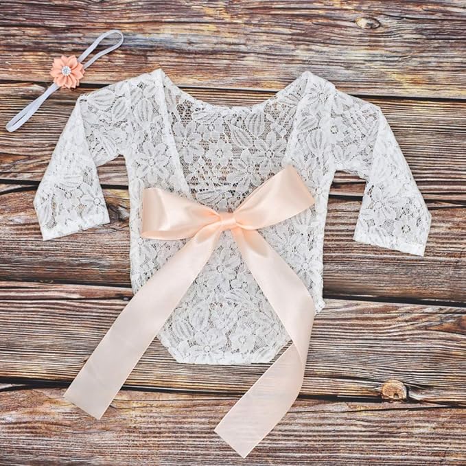 Newborn Girl Photography Outfits, Backless Lace Romper with Flower Headband Photo Props, Baby Girl Photoshoot Outfits