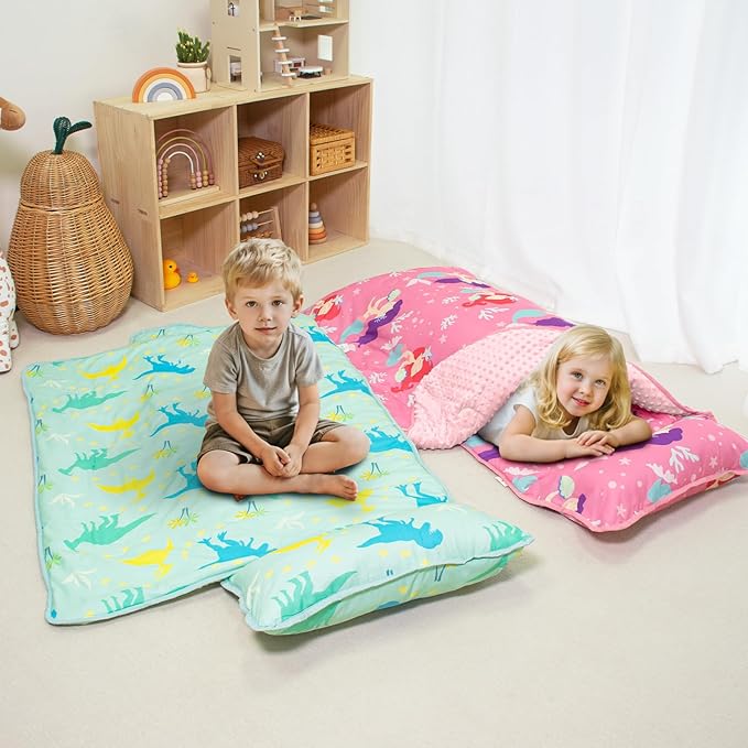 Toddler Nap Mat with Pillow and Minky Blanket, Large 55"x35" Sleeping Bag, Washable, Lightweight, Easy to Roll, Perfect for Preschool, Daycare, Kindergarten, Travel, Boys and Girls(Dinosaur)