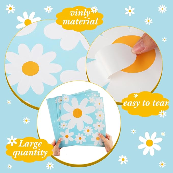 TaoBary 165 Pieces 15 Sheet Large Daisy Wall Decals Flower Stickers Vinyl Peel and Stick Floral Decal Daisy Wall Decor for Nursery Playroom Bedroom Living Room(Cute)
