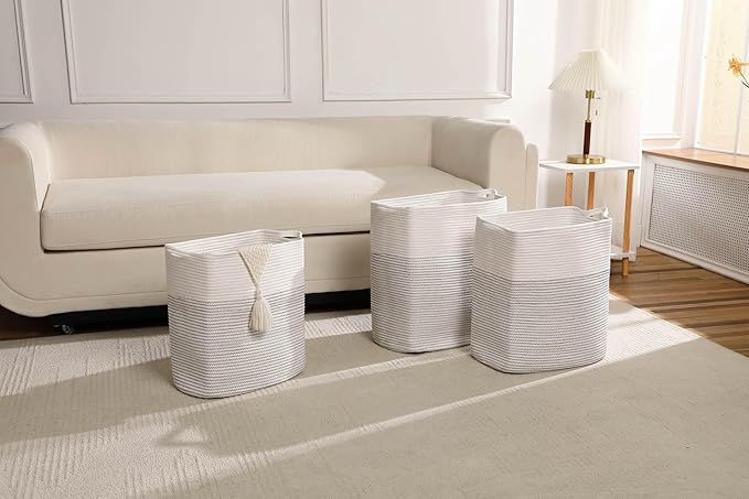 Tall Laundry Basket With Handles,Woven Cotton Rope Big Laundry Hamper Sorters,Versatile Storage for Dirty Clothes,Baby Toys,and Blankets in Bathroom, Nursery,and Living Room (White/Black Line, 80L)