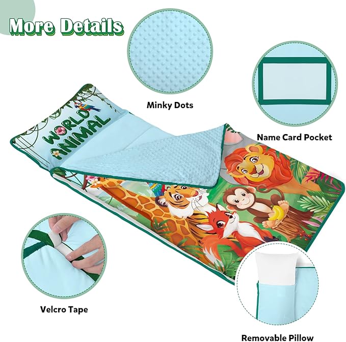Toddler Nap Mat Kids Sleeping Bag 59"×24", Soft Slumber Bag with Removable Pillow and Blanket for Kids Girls Boys,Roll Up Sleeping Mat Thick for Camping,Daycare, Kindergarden