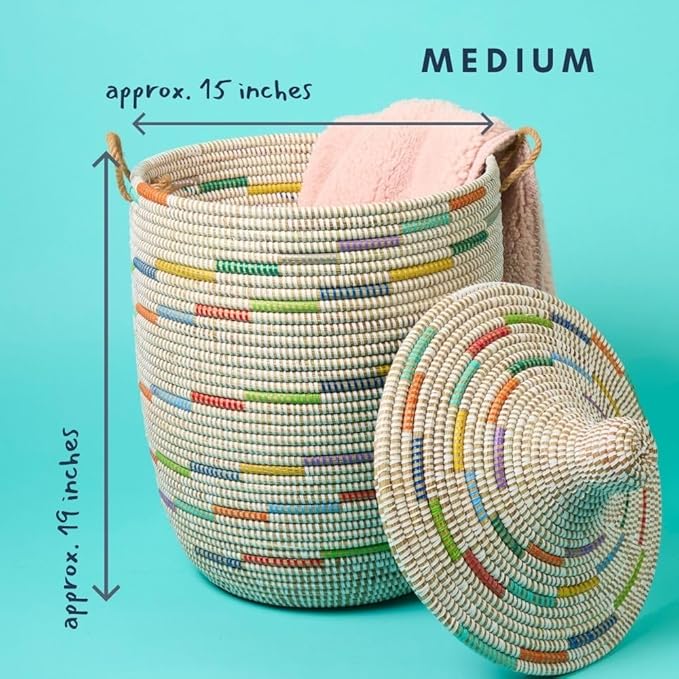 Tall Large Decorative Wicker Storage Basket with Lid, Laundry Hamper, Blanket Storage, Toys Bin, Clothes Holder, Boho Style (Colors White)