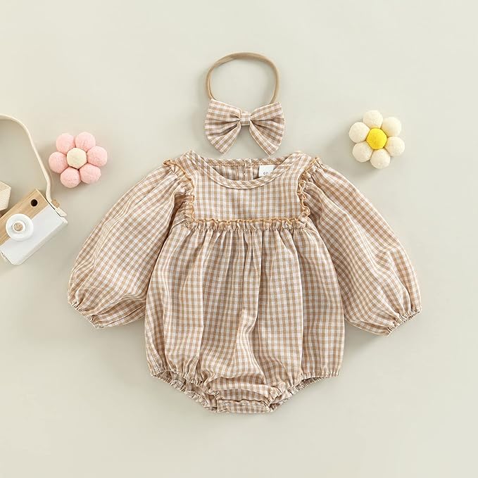 2pcs Infant Baby Girls Romper Dress Headband Long Sleeve Clothing Flowers Newborn Boho Girl Outfit Jumpsuit Clothes