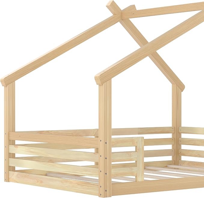 SOFTSEA Full Size Floor House Bed with Roof, Solid Wood Montessori Bed Frame with Slats and Guardrails, Kids Playhouse Floor Bed for Boys Girls, No Spring Box Needed, Natural