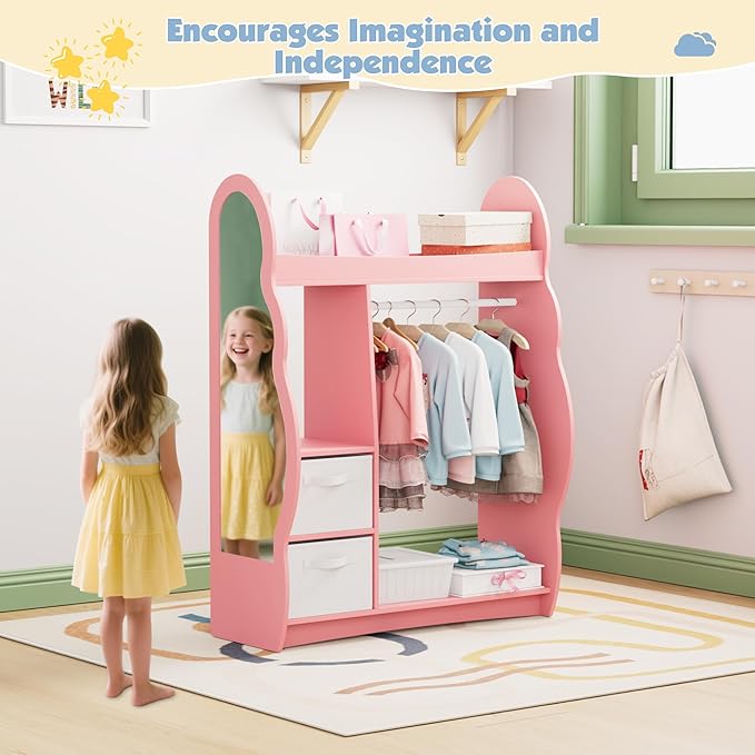 Kids Dress Up Storage Rack Mirror Wood Child Wardrobe 2 Hooks 2 Fabric Bins Toddler Closet Girls Boys Open Hanging Armoire Storage Shelf Coat Costume Hat Shoe (Pink/Cloud/Two Drawers)