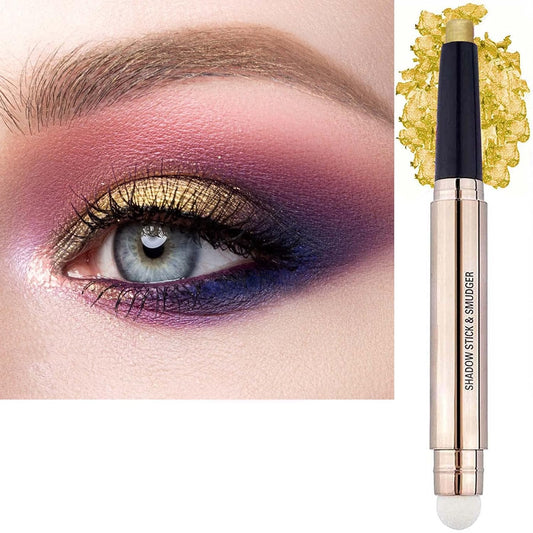 Gold Eyeshadow Stick and Sponge Makeup Brush, 2 in1Smooth Cream Eyeshadow (24k Gold Shimme #14)