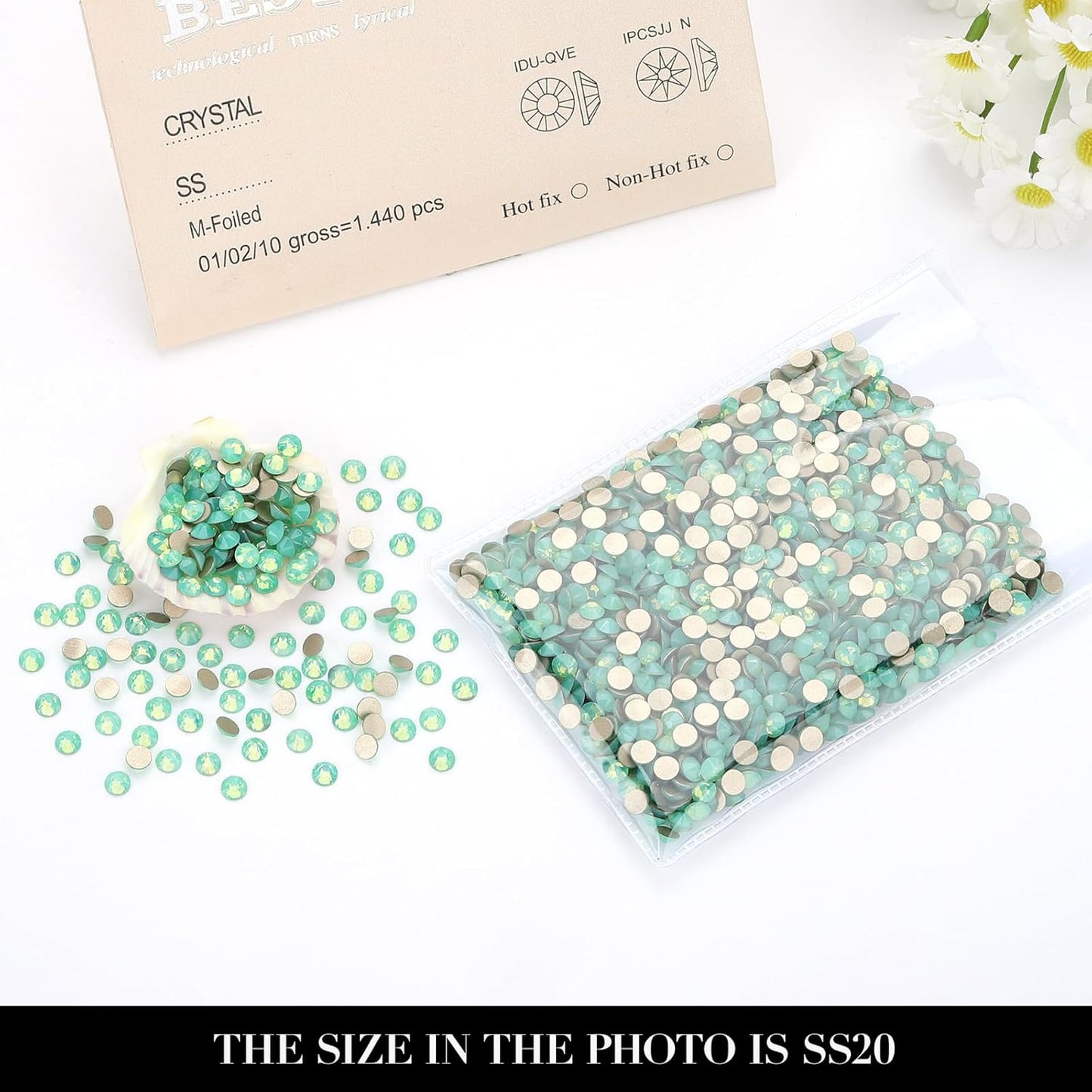 Novani Green Opal Rhinestones 1440pcs Flat Back Round Rhinestone Style 2088 Sparkly Crystal Gemstones for Nail Art and Crafting SS20,4.6-4.8mm