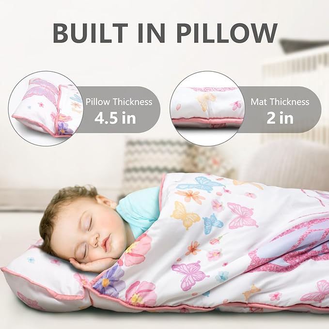 Primlect Thickened Toddler Nap Mat with Removable Pillow and Minky Blanket, Extra Large 55''x35'' Sleeping Bag, Washable, Roll up, Perfect for Daycare, Preschool, Kindergarten, Girls Butterfly