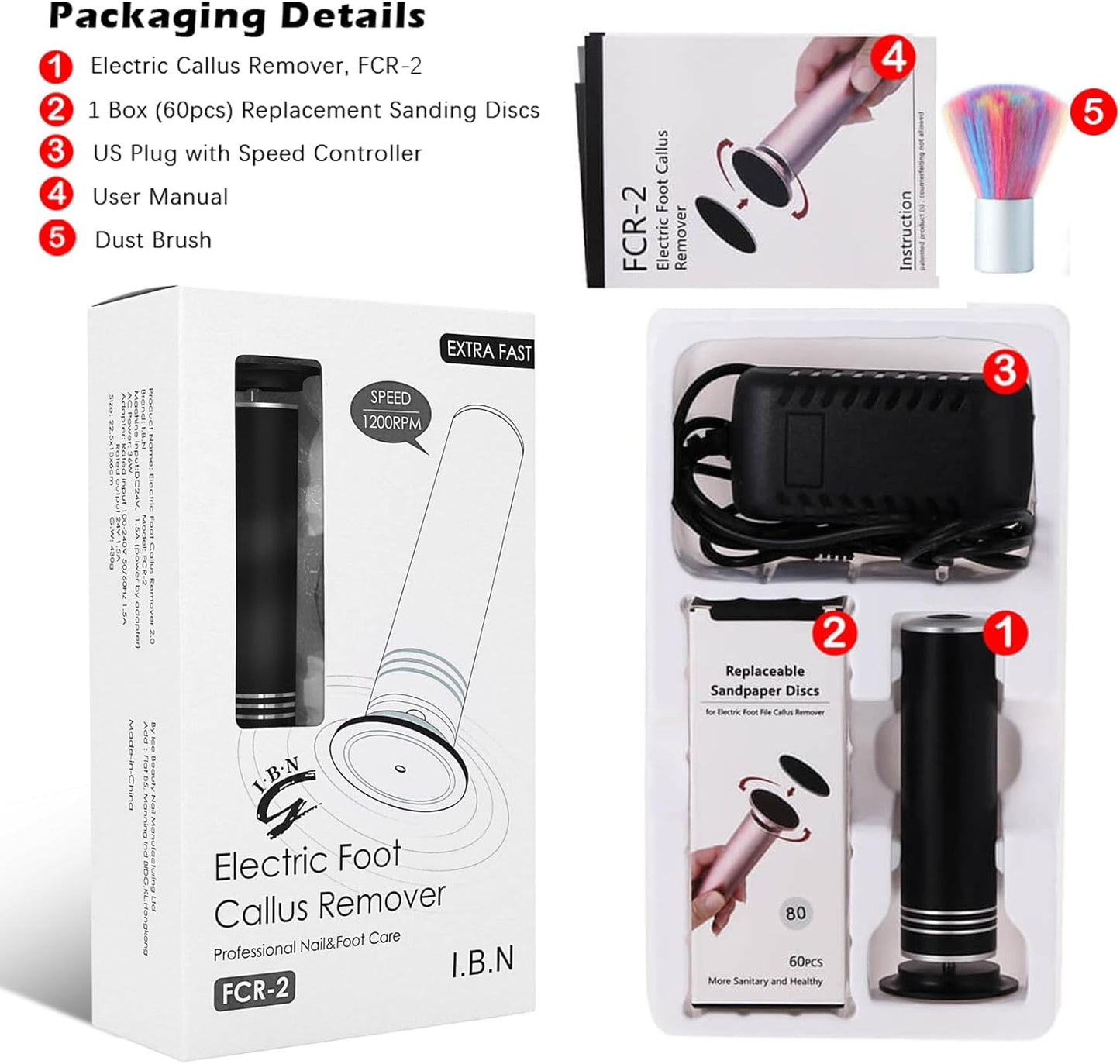 Upgraded Electric Callus Remover for Feet 1200RPM, Adjustable Speed Professional Electric Foot Sander Foot Grinder Heel File Pedicure Tool for Women Men Cracked Dead Skin, 60 Sandpaper Discs, Black