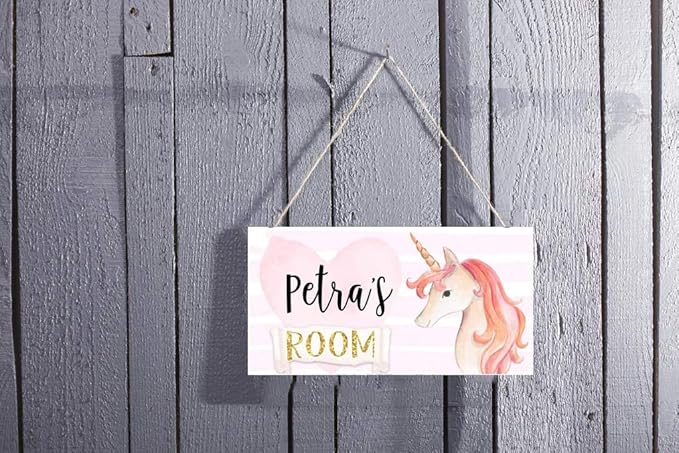 XIUXZMM Personalized Name Plaque Coral Unicorn Door Sign Pink Heart Pretty Design Posh Bedroom Customized Wood Sign