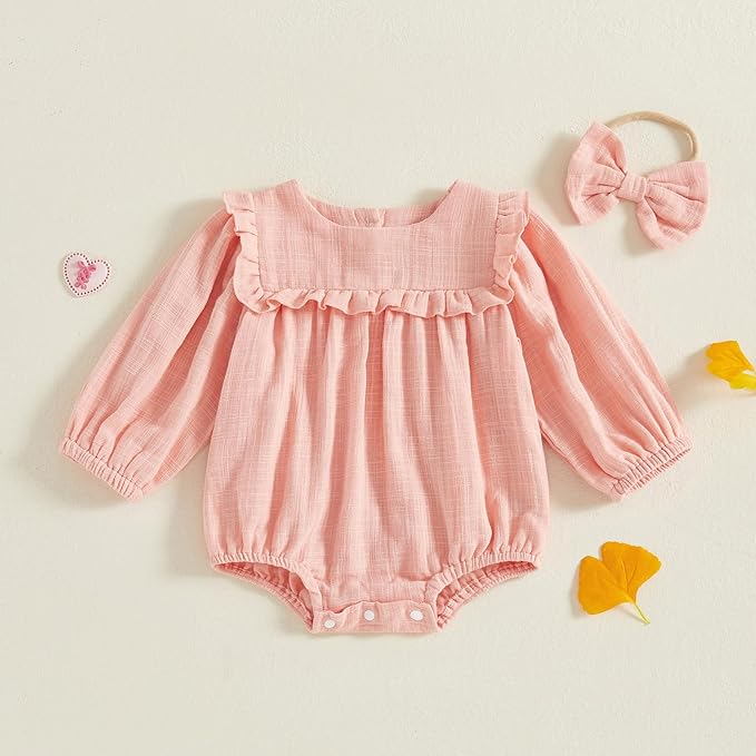 2pcs Infant Baby Girls Romper Dress Headband Long Sleeve Clothing Flowers Newborn Boho Girl Outfit Jumpsuit Clothes