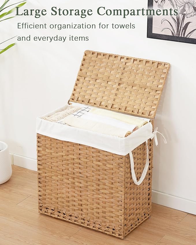 Laundry Hamper with Lid Wicker Laundry Basket 112 L (29.6 Gal) Laundry Hampers Handwoven Rattan Clothes Hamper with Handles 3 Removable Liner Bag, 6 Mesh Bags for Bathroom Bedroom Natural
