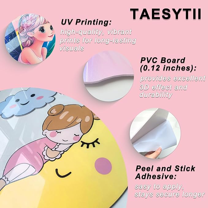 3D Stars Moon Wall Stickers for Girls Room Decor Wall Decals Peel and Stick for Girls Bedroom Large Pink Princess Pictures Kids Murals Wallpaper Art Inspirational Decor for Nursery Toddler