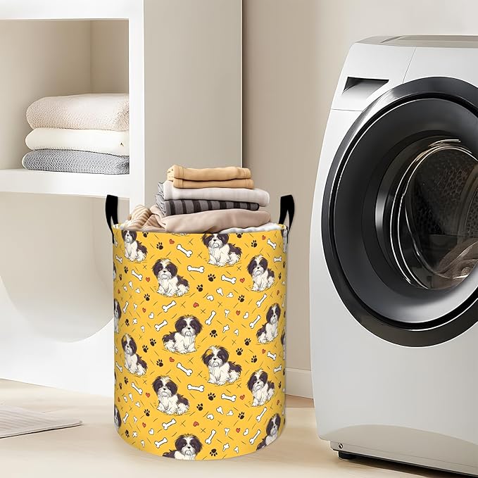 Cute Shih Tzu with Paw and Bone Pattern Laundry Basket with Handles, 19.7"x15.7" Clothes Foldable Puppy Dog Laundry Hamper Organizer for Dorm Nursery Bedroom Bathroom Decor, Toy Storage Bin for Kids