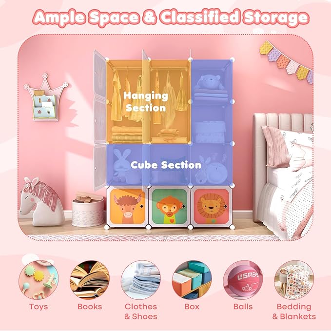 Costzon Kids Closet, Cartoon DIY Modular Dresser Storage Organizer with 12 Cubes & 2 Clothes Hanging Rack, Portable Armoire for Baby Toddlers, Kids Wardrobe for Bedroom Nursery (Pink)
