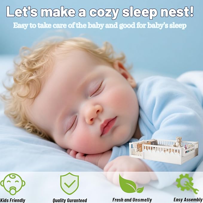 Full Size Floor Bed for Kids, Wood Montessori Floor Bed Full with High Rails & Storage Shelf, Baby Floor Beds with LED Light for Boys & Girls, White