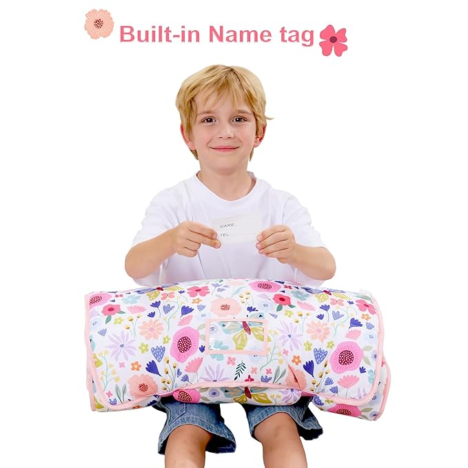 Viviland Toddler Nap Mat, Rolled Sleeping Mats with Pillow and Minky Dot Blanket for Girls, Kids Slumber Bag Nap Mat for Preschool, Daycare, Kindergarten, Travel Camping - Butterfly Garden