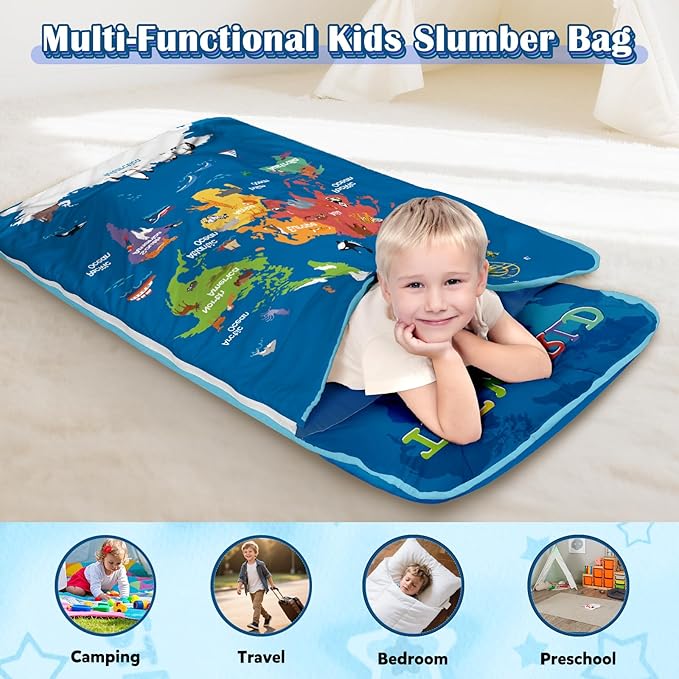 Toddler Nap Mat Kids Sleeping Bag 59"×24", Soft Slumber Bag with Removable Pillow and Blanket for Kids Girls Boys,Roll Up Sleeping Mat Thick for Camping,Daycare, Kindergarden